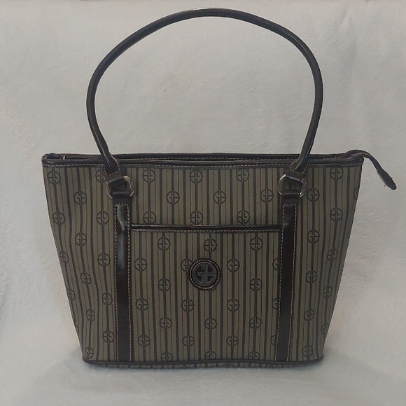 Handbags - Giani Bernini Stripe Signature Small Tote Handbag in Khaki/Brown.